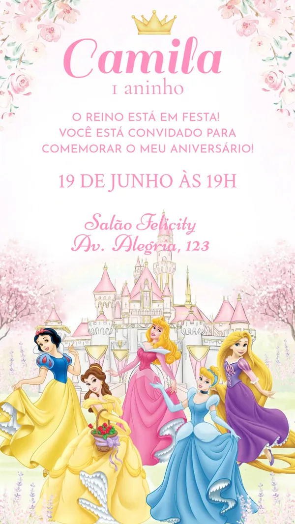Convite Animado Aniversário Princesas Para Editar Online
