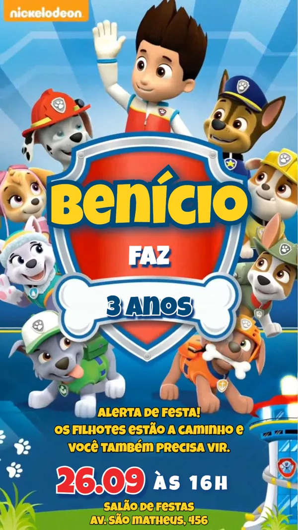 Convite Animado Aniversário Patrulha Canina Para Editar Online