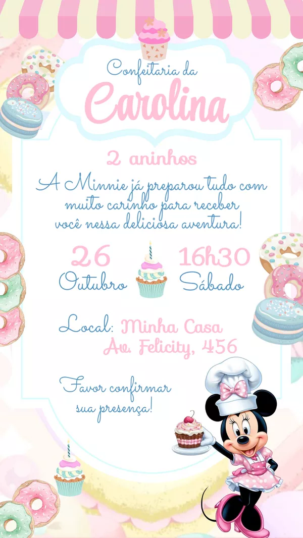 Convite Aniversário Minnie Confeitaria Para Editar Online