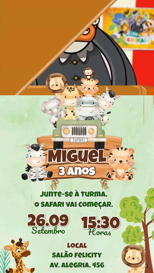 Convite Animado Aniversário Safari Jipe Animais Para Editar Online