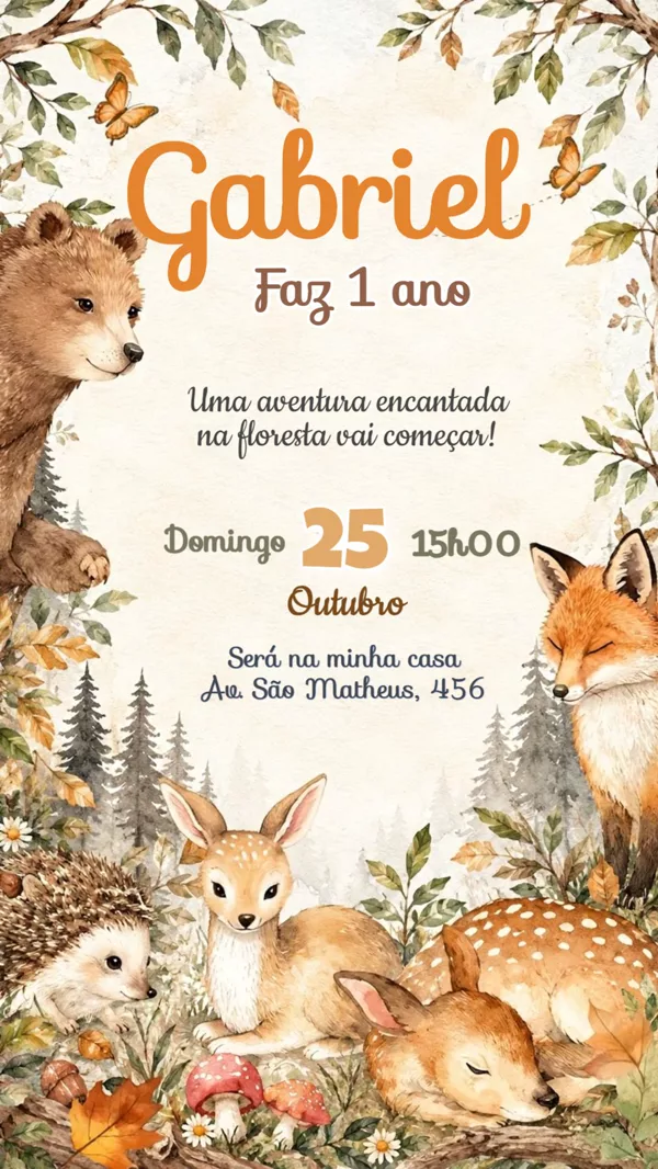 Convite Animado Aniversário Floresta Animais Bebê Para Editar Online
