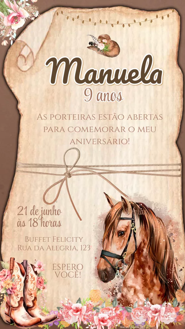 Convite Aniversário Fazenda Cavalo Rústico Para Editar Online