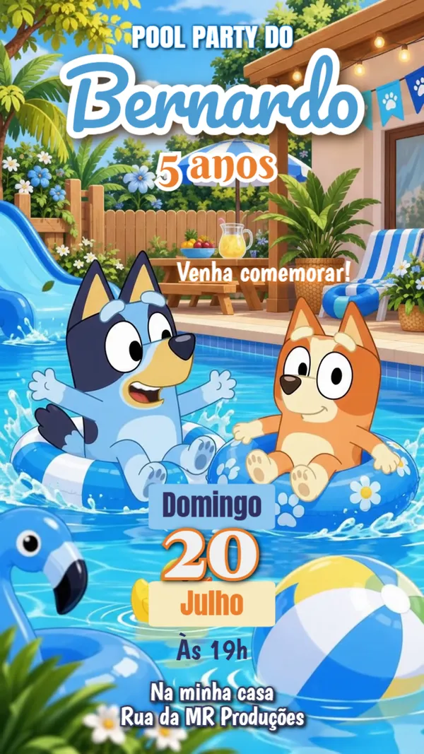 Convite Animado Aniversário Bluey Pool Party Para Editar Online