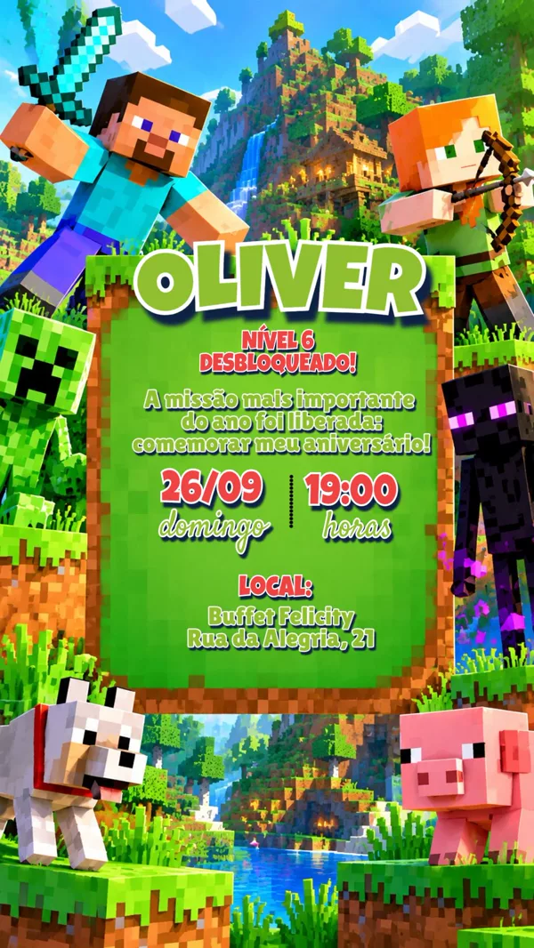Convite Aniversário Minecraft Verde Para Editar Online