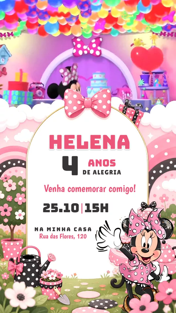 Convite Animado Aniversário Minnie Rosa Poá Para Editar Online