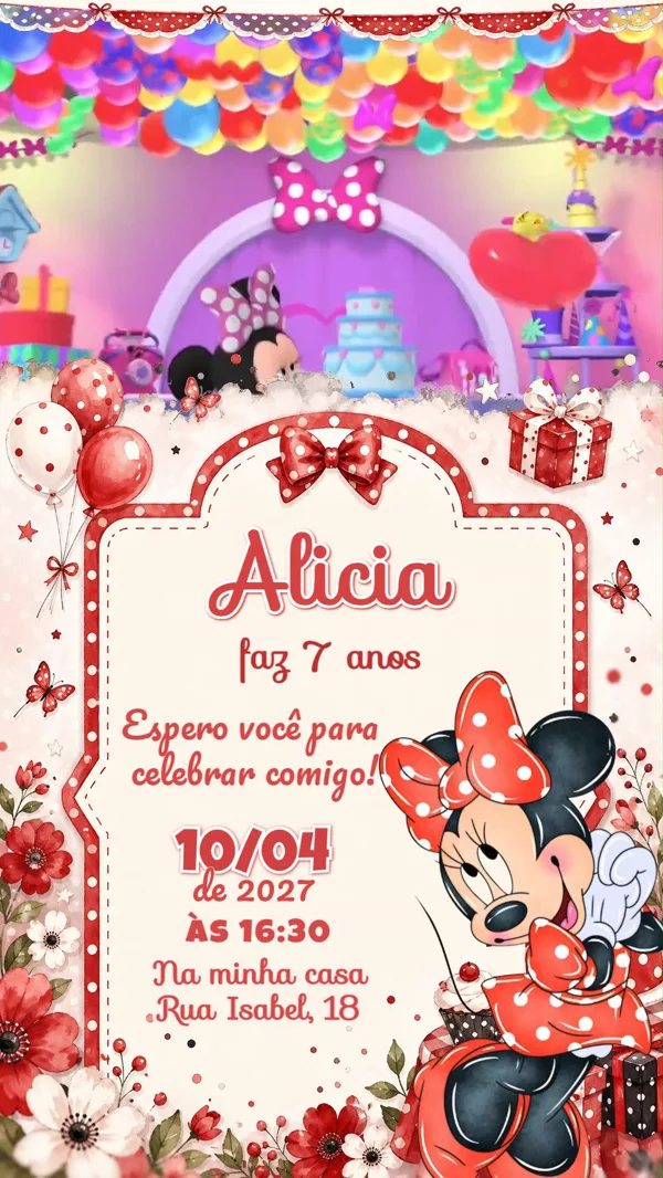 Convite Animado Aniversário Minnie Vermelha Festa Para Editar Online