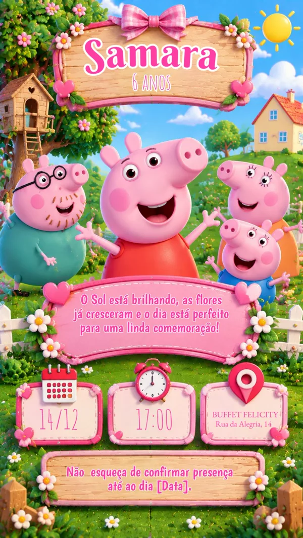 Convite Aniversário Peppa Pig Família Jardim Para Editar Online