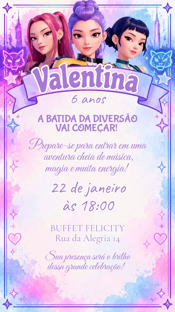 Convite Aniversário Guerreiras do K-Pop Lilás Para Editar Online
