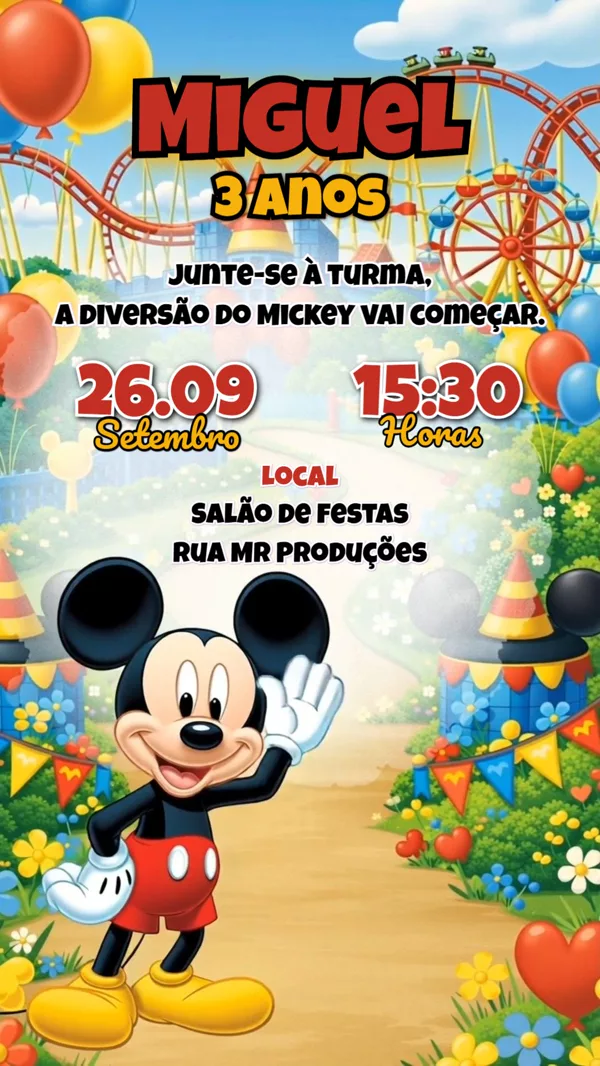 Convite Animado Aniversário Parque do Mickey Para Editar Online