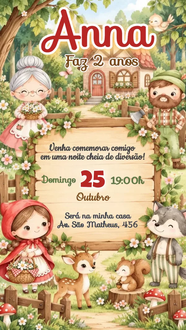 Convite Animado Aniversário Chapeuzinho Floresta Para Editar Online