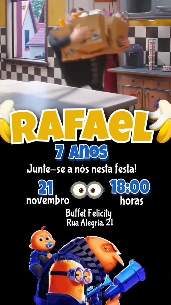 Convite Animado Aniversário Minions Para Editar Online