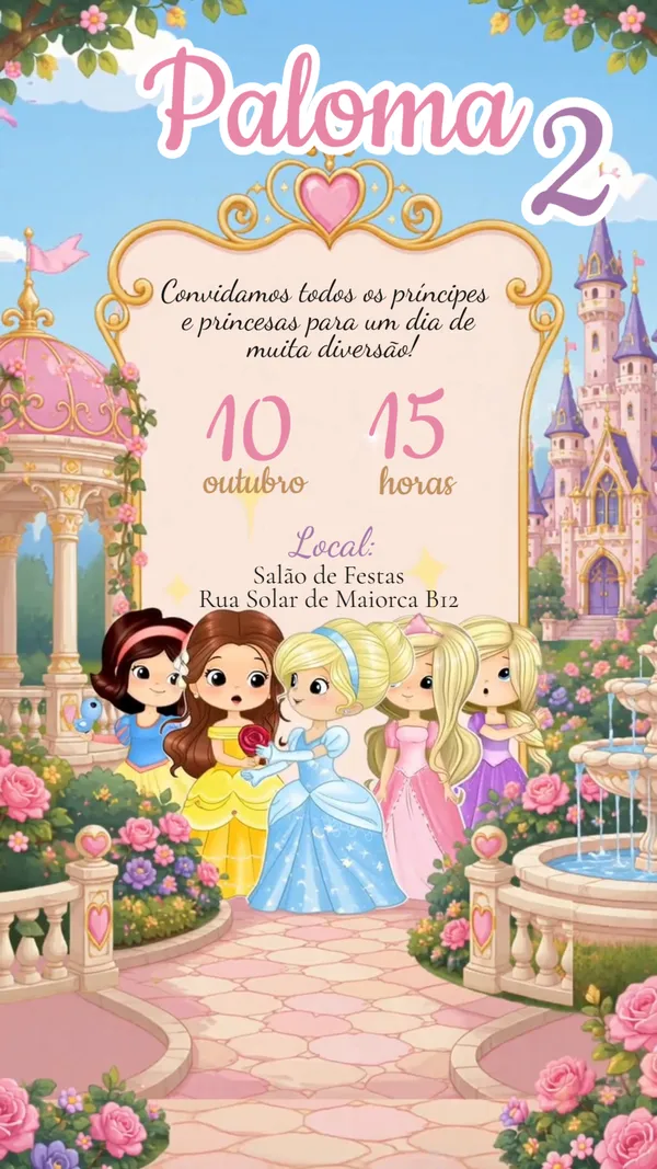 Convite Animado Aniversário Princesas Para Editar Online