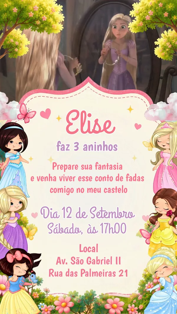 Convite Animado Aniversário Princesas Disney Para Editar Online