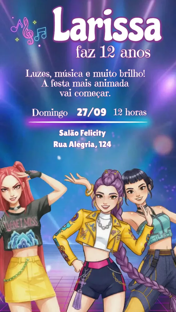 Convite Animado Aniversário K-Pop Demon Hunters Para Editar Online