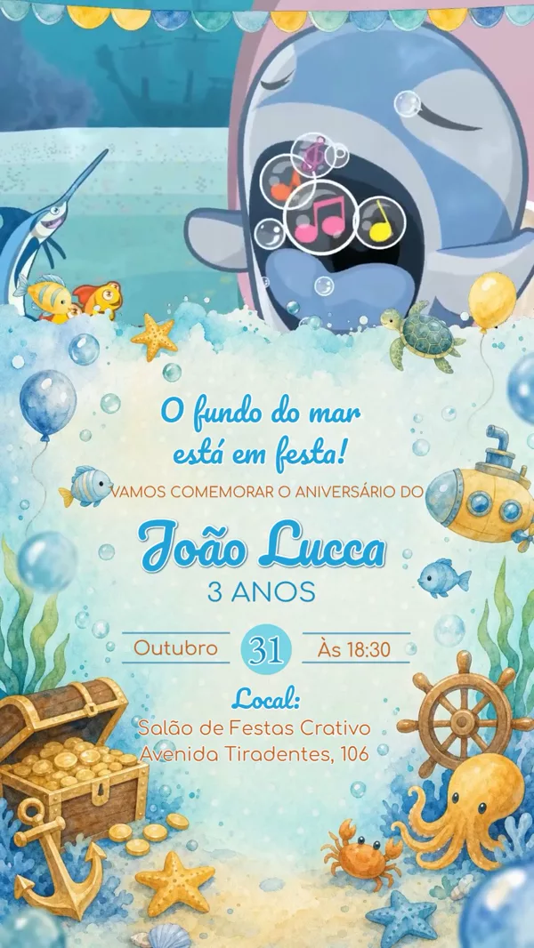 Convite Animado Aniversário Fundo do Mar Baleia Para Editar Online