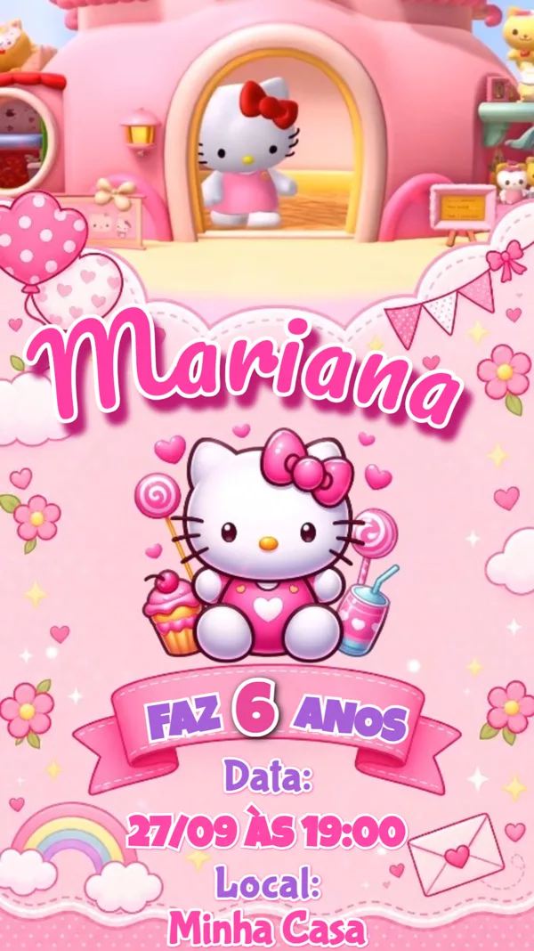 Convite Animado Aniversário Hello Kitty Casa Rosa Para Editar Online