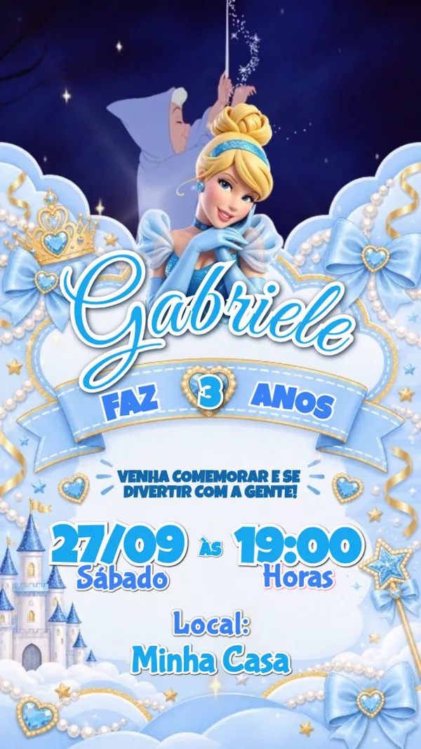 Convite Animado Aniversário Cinderela Infantil Para Editar Online