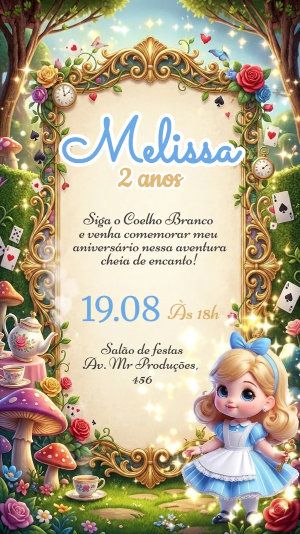 Convite Animado Aniversário Alice nas Maravilhas Para Editar Online
