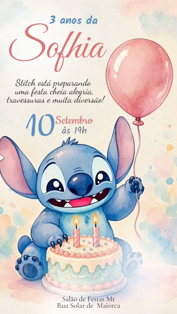 Convite Animado Aniversário Stitch Balão Rosa Para Editar Online