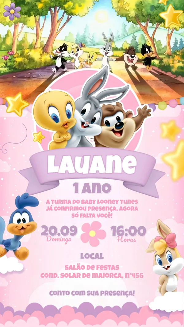 Convite Animado Aniversário Baby Looney Tunes Rosa Para Editar Online