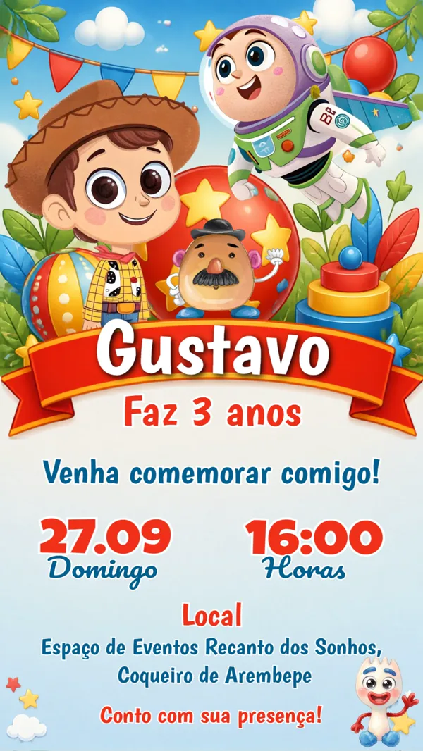 Convite Aniversário Toy Story Woody Buzz Para Editar Online