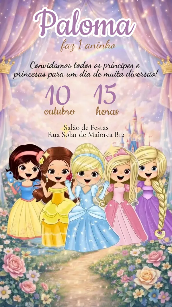 Convite Animado Aniversário Princesas Castelo Para Editar Online