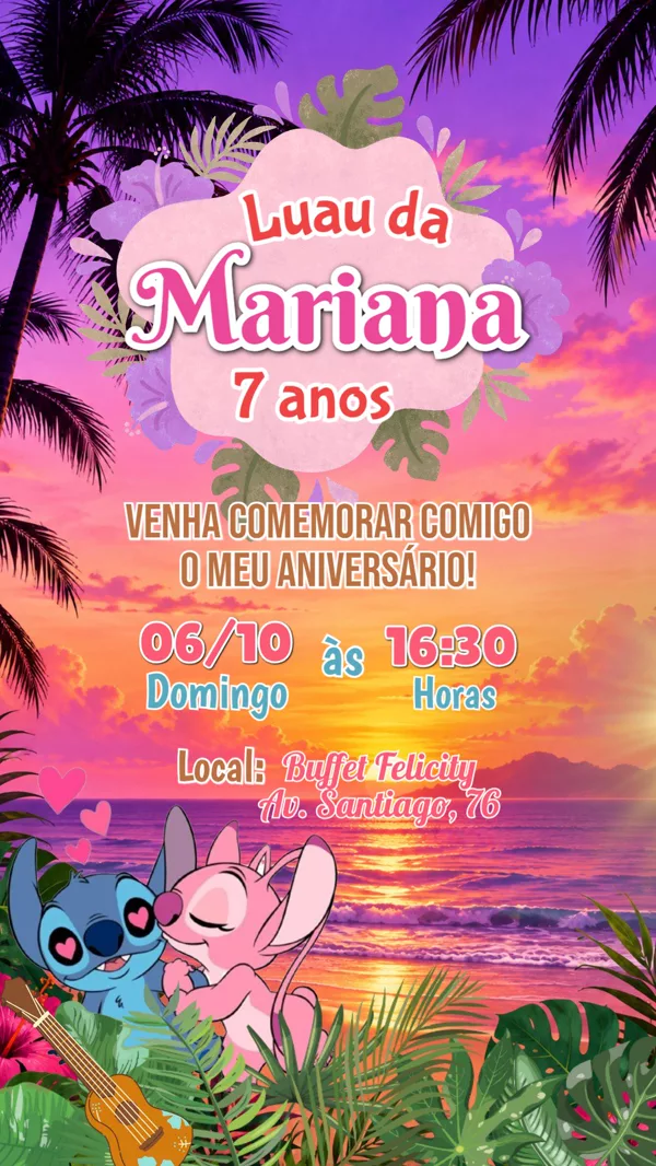 Convite Aniversário Luau Stitch e Angel Para Editar Online