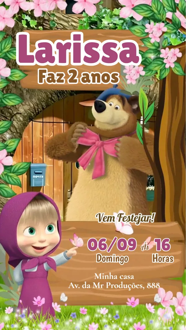 Convite Animado Aniversário Masha e o Urso Casinha Para Editar Online