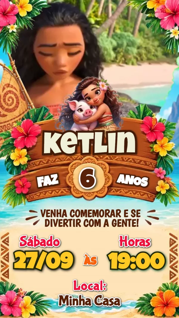 Convite Animado Aniversário Moana Tropical Para Editar Online