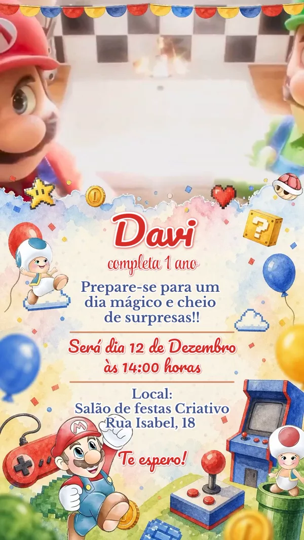 Convite Animado Aniversário Super Mario Fliperama Para Editar Online