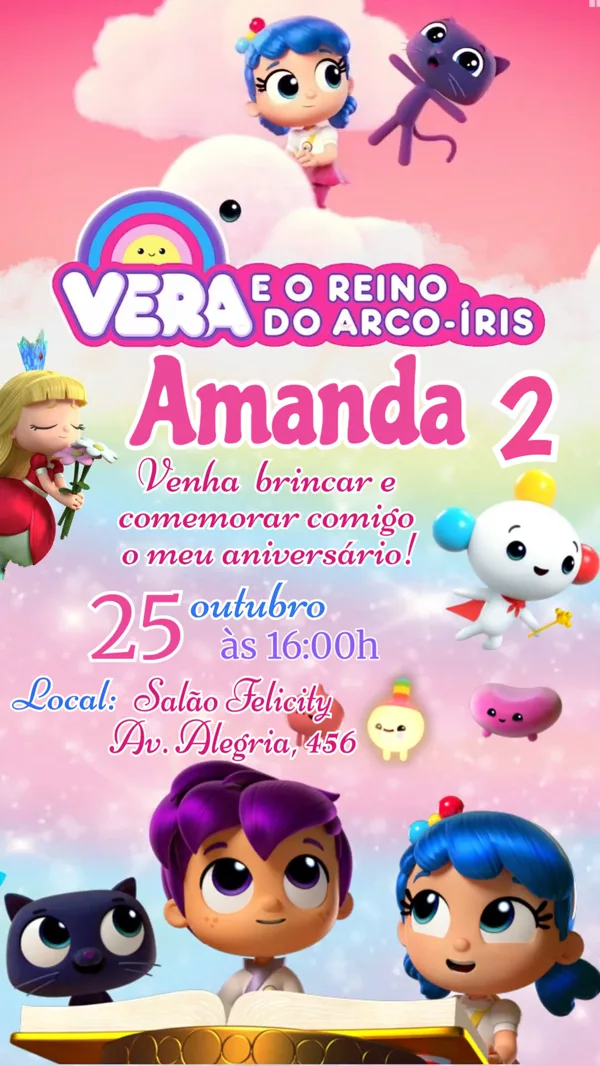 Convite Animado Aniversário Vera Reino Arco-íris Para Editar Online
