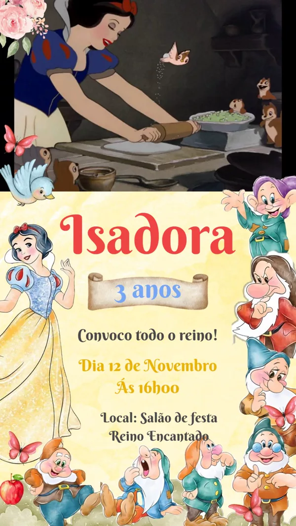 Convite Animado Aniversário Branca de Neve Para Editar Online