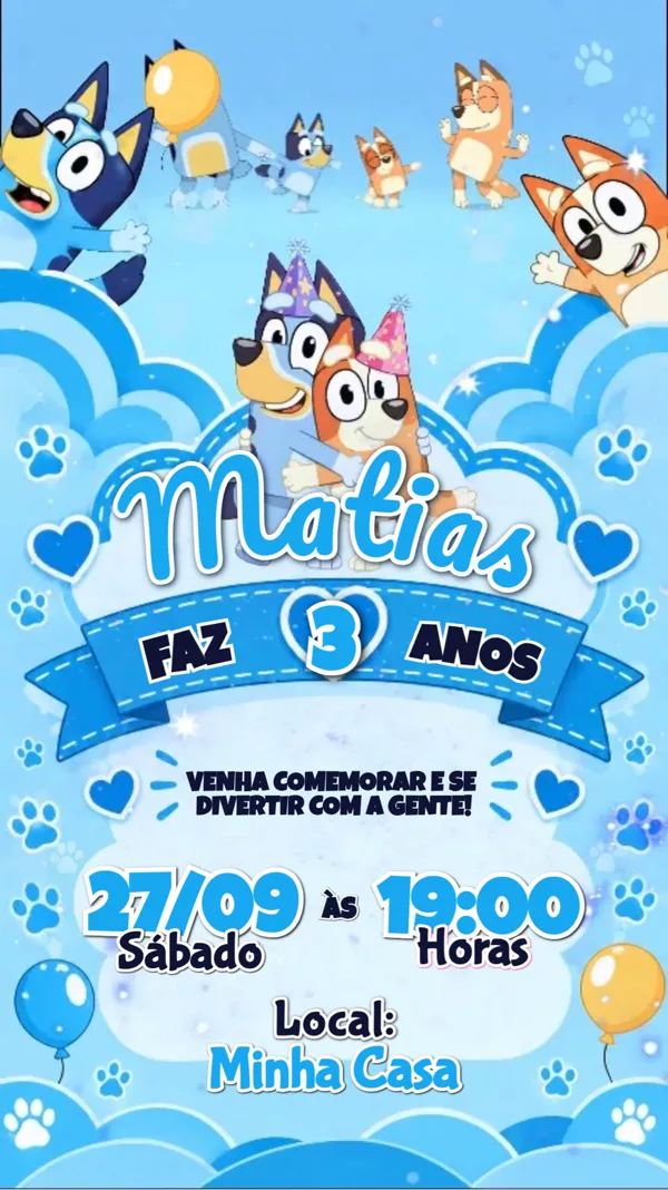 Convite Animado Aniversário Bluey Família Azul Para Editar Online
