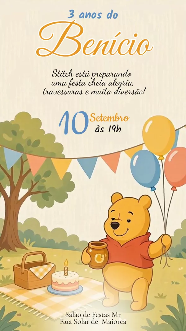Convite Animado Aniversário Ursinho Piquenique Para Editar Online