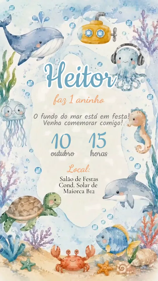 Convite Animado Aniversário Fundo do Mar Para Editar Online