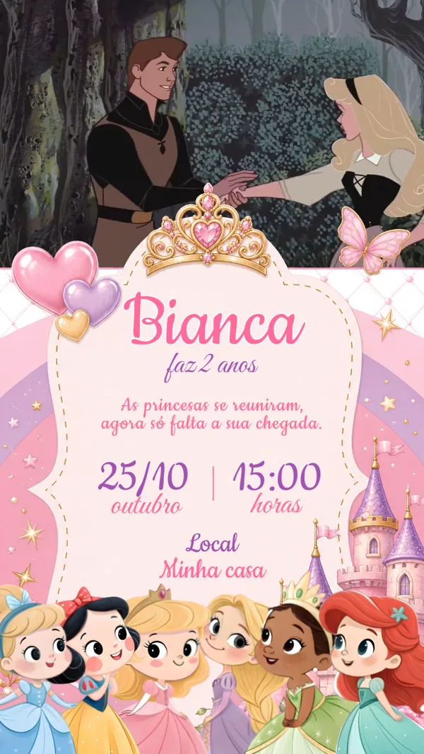 Convite Animado Aniversário Princesas da Disney Para Editar Online
