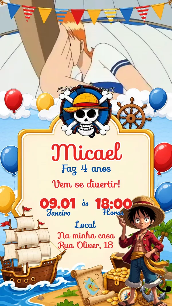 Convite Animado Aniversário One Piece Luffy Navio Para Editar Online