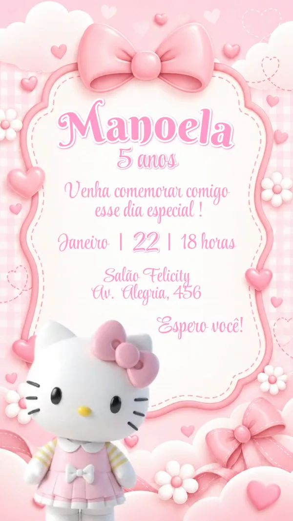 Convite Animado Aniversário Hello Kitty Rosa Para Editar Online