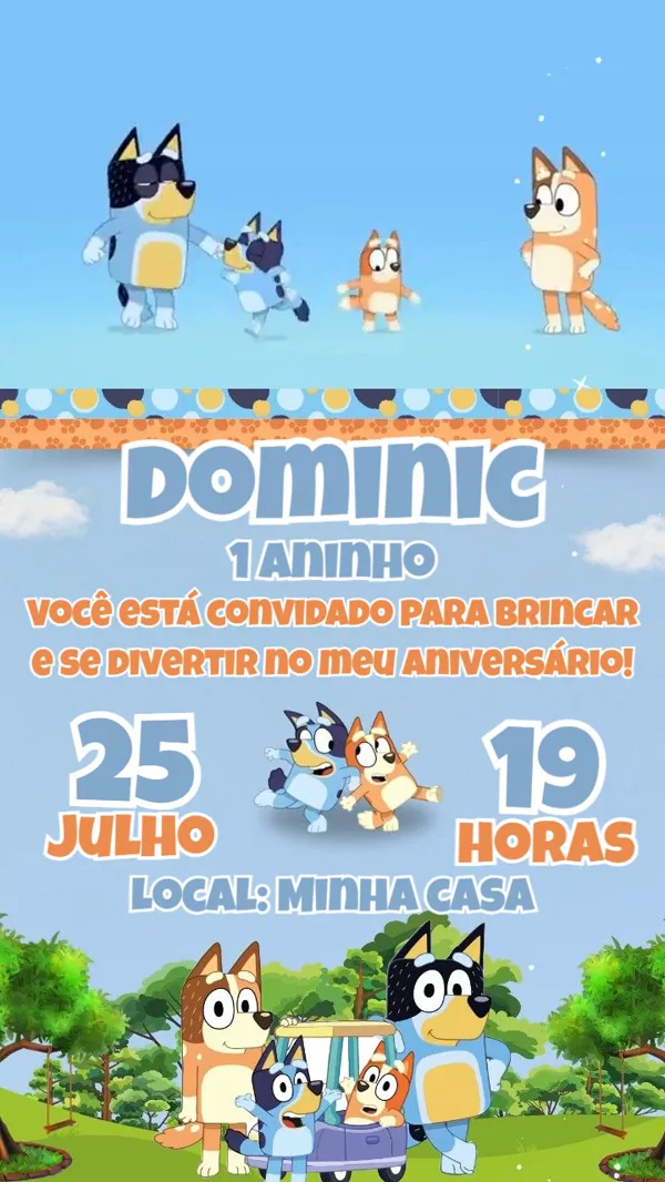 Convite Animado Aniversário Bluey Família Para Editar Online