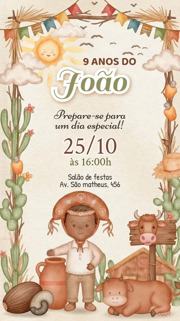 Convite Animado Aniversário Festa Junina Sertão Para Editar Online