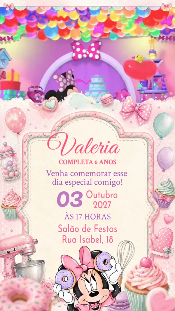 Convite Animado Aniversário Minnie Rosa Candy Para Editar Online