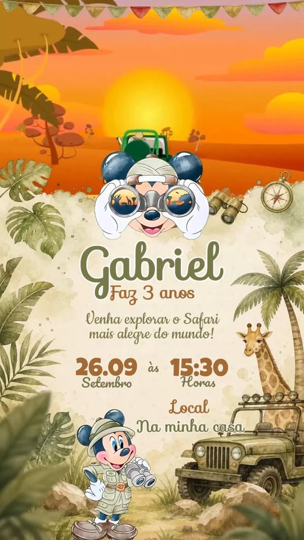 Convite Animado Aniversário Safari Mickey Para Editar Online