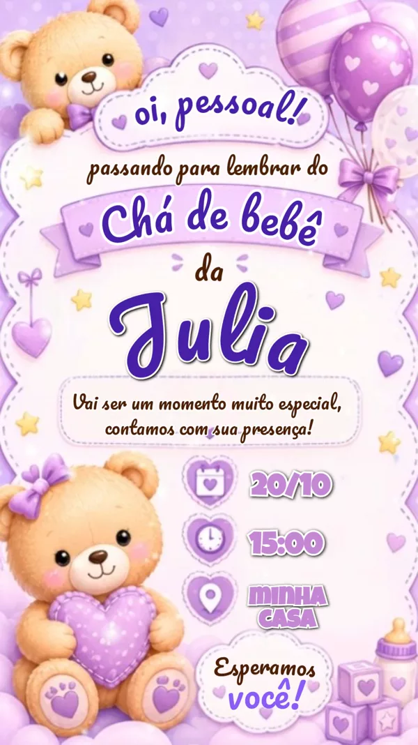 Convite Animado Chá de Bebê Ursinho Lilás Para Editar Online