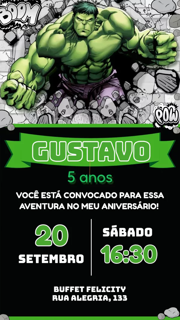 Convite Aniversário Hulk Quebra Parede Para Editar Online