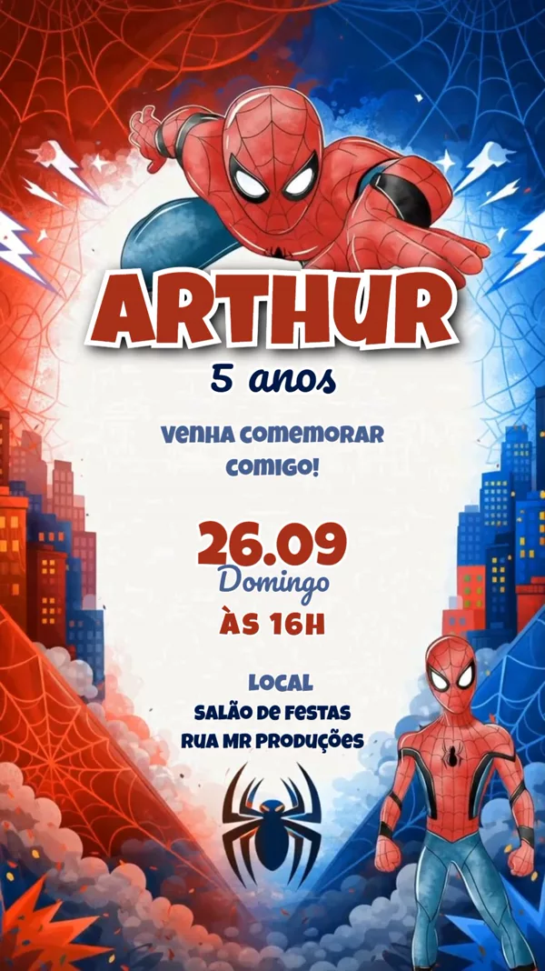Convite Animado Aniversário Homem-Aranha Cidade Para Editar Online