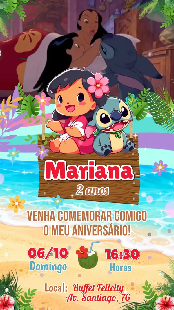 Convite Animado Aniversário Lilo e Stitch Cute Para Editar Online