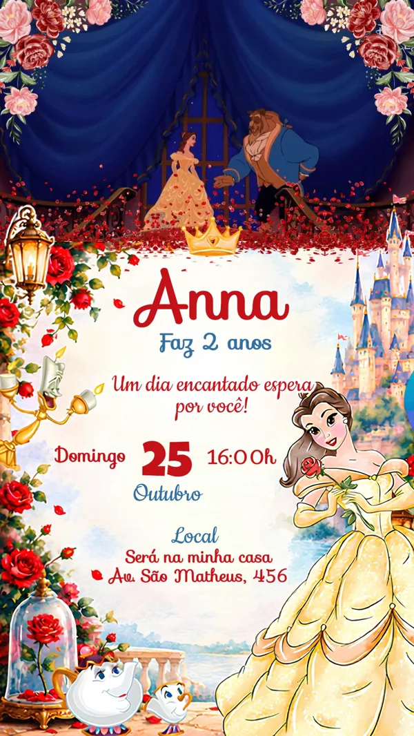 Convite Animado Aniversário Princesa Bela Para Editar Online