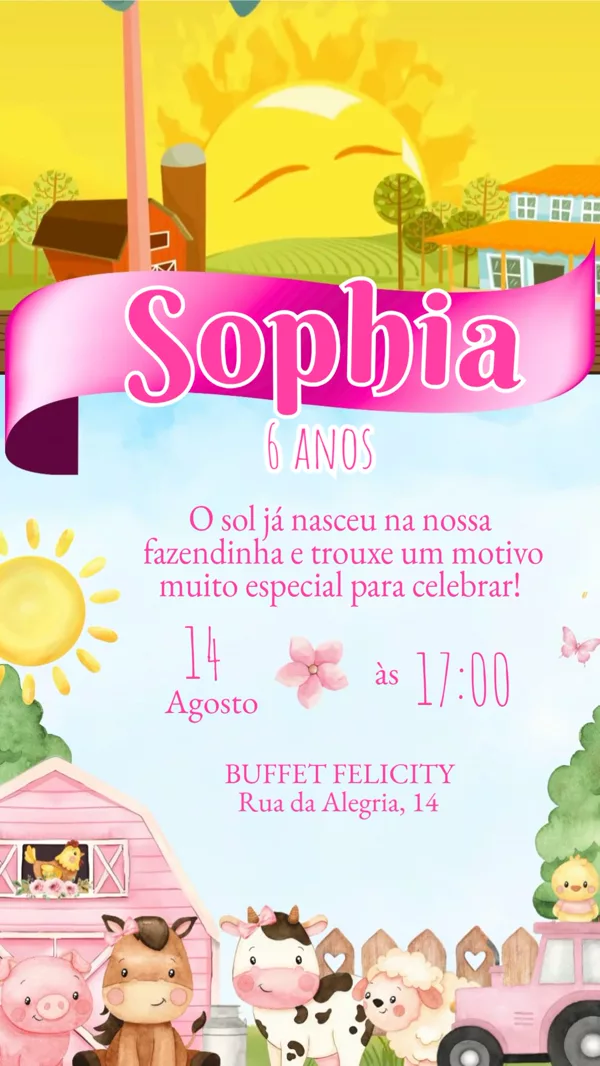 Convite Animado Aniversário Fazendinha Rosa Para Editar Online