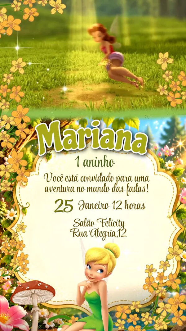 Convite Animado Aniversário Sininho Verde Floresta Para Editar Online