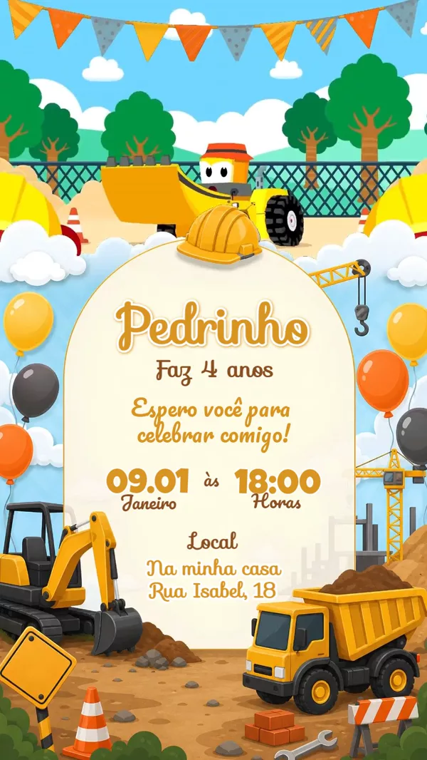 Convite Animado Aniversário Obras Trator Amarelo Para Editar Online